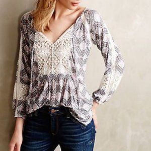 Anthropologie Porridge Diamondstitch Tie Front Peasant Top Size S Gray Pink